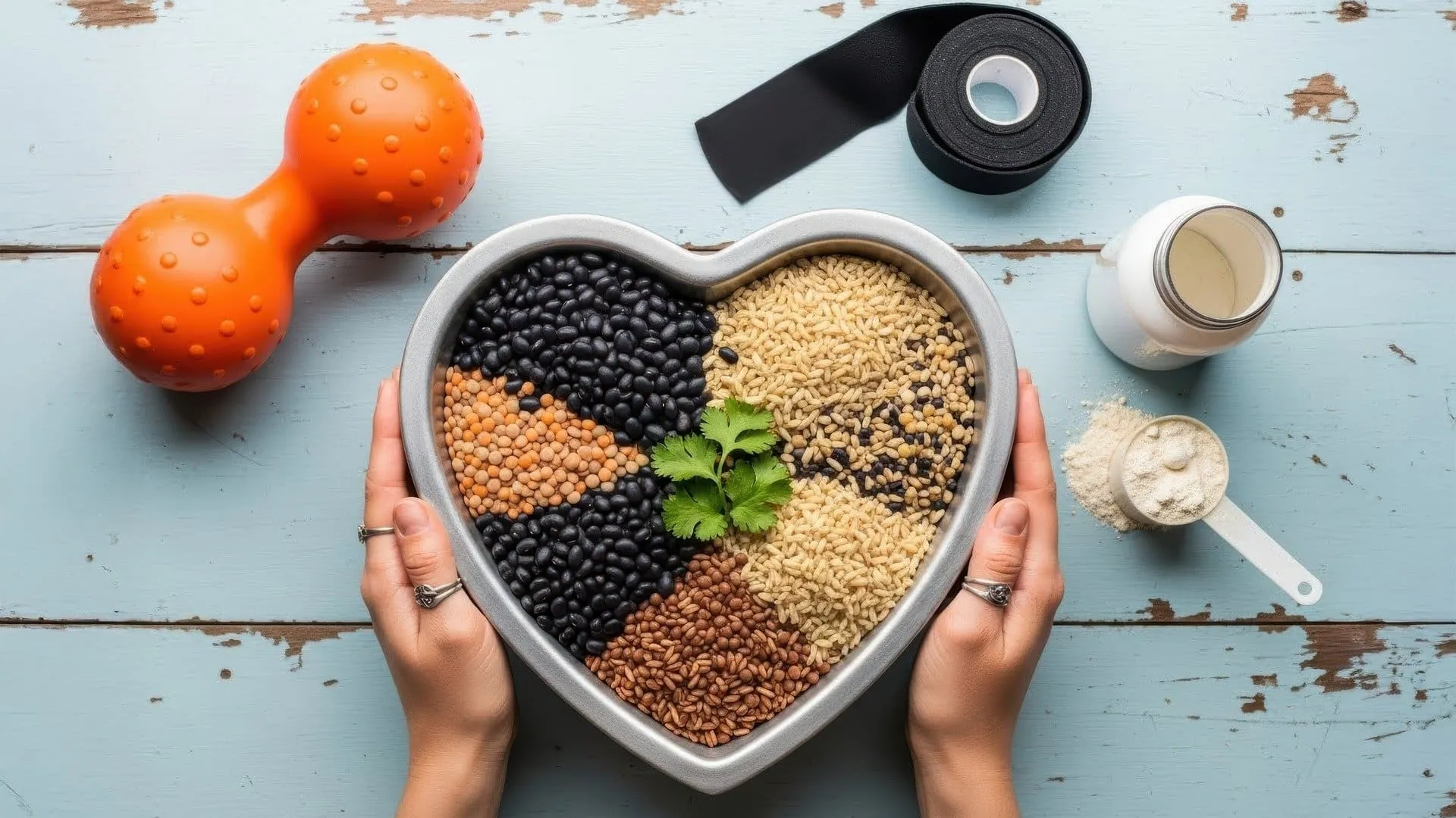 Hands holding a heart-shaped bowl filled with beans, grains, and seeds beside vegan protein powder and workout equipment.